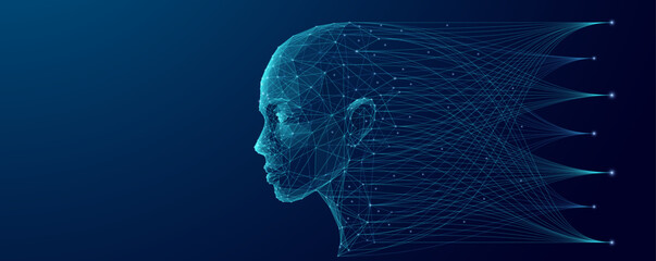 Fototapete - Abstract human face side view and Big Data flow on technology blue background. AI analysis concept. Humanoid digital head in low poly wireframe with thin lines. Futuristic tech bg. Vector illustration