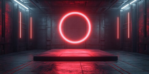 Poster - The city skyline is illuminated by neon light at dusk, with a glowing circle hovering above a pedestal