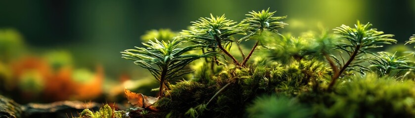 Poster - Green moss under forest light with peaceful mood concept. Close-up of vibrant moss and delicate plants in a serene forest.
