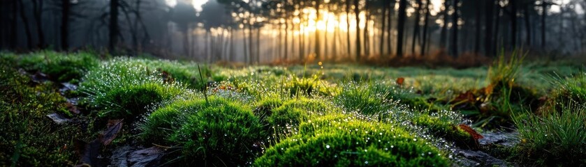 Poster - Green moss between grass and forest with relax mood concept. A serene forest landscape illuminated by morning sunlight.