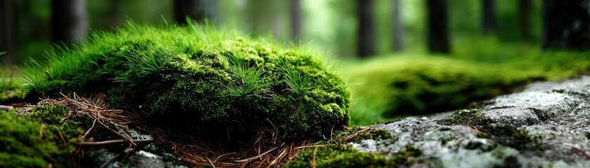 Poster - Green moss in forest with peaceful relax mood concept. Lush greenery with stones in a tranquil forest.