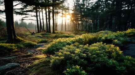 Poster - Green moss under forest light with peaceful mood concept. A serene forest landscape with sun rays filtering through trees.