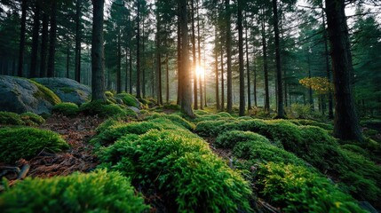Poster - Green moss under forest light with peaceful mood concept. Sunlight filtering through lush green forest with mossy ground.