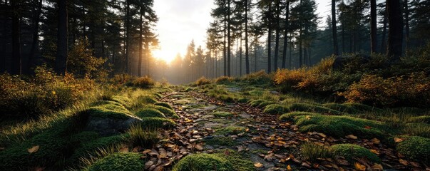 Poster - Green moss between grass and forest with relax mood concept. Sunset illuminating a tranquil forest path with lush green foliage.