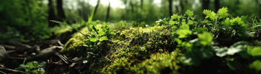 Poster - Green moss between grass and forest with relax mood concept. Lush greenery and vibrant moss thriving in a tranquil forest.
