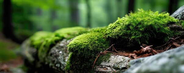 Poster - Green moss between grass and forest with relax mood concept. Lush green moss covering a fallen tree in a serene forest.