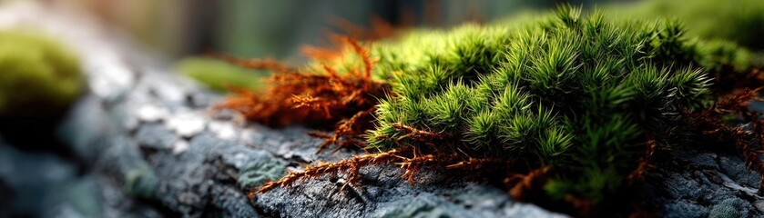 Poster - Green moss under forest light with peaceful mood concept. Close-up of lush green moss growing on a textured wooden surface.