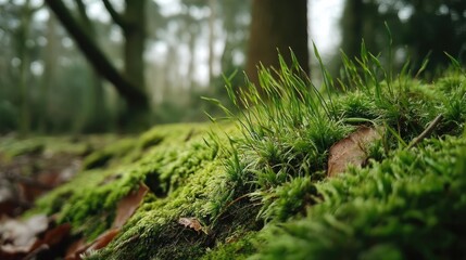 Poster - Green moss in forest with peaceful relax mood concept. Lush green moss covering forest floor.