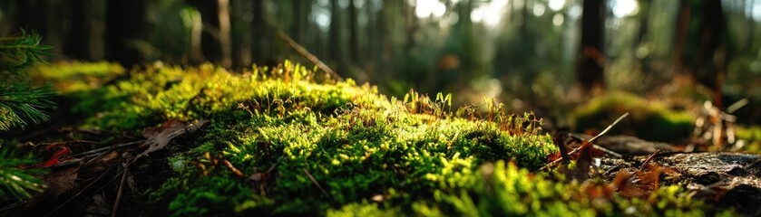Poster - Green moss under forest light with peaceful mood concept. Lush green moss covering the forest floor in tranquil sunlight.