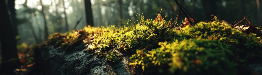 Poster - Green moss under forest light with peaceful mood concept. Lush green moss thriving on a sunlit forest log.