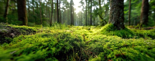 Poster - Green moss in forest with peaceful relax mood concept. Lush green forest with vibrant mossy ground.