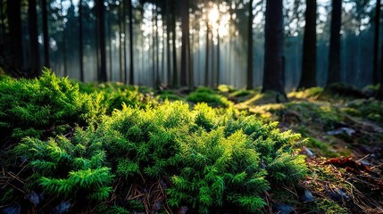 Poster - Green moss under forest light with peaceful mood concept. Lush green moss thriving in a sunlit forest landscape.