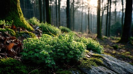Aufkleber - Green moss under forest light with peaceful mood concept. Lush green moss growing on rocks in a peaceful forest setting.