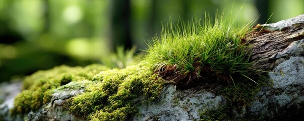 Aufkleber - Green moss in forest with peaceful relax mood concept. Close-up of vibrant green moss on a log.
