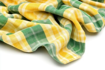 Fototapete - Yellow and green checkered fabric draped over white background  Wrinkled cloth with distinct squares