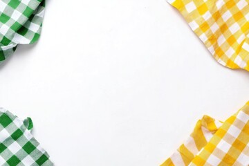 Fototapete - Four colorful checkered cloths arranged in a frame on a white background  The cloths are green, yellow and create a border