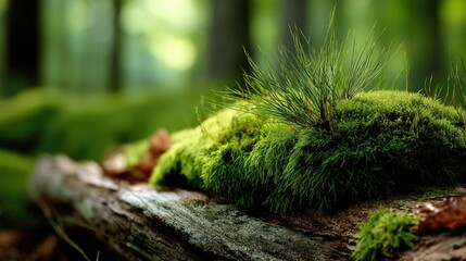 Poster - Green moss in forest with peaceful relax mood concept. Lush green moss on a tree trunk in a forest.