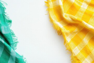 Fototapete - Two checkered fabrics, teal and sunny yellow, draped on a white surface  Fringed edges