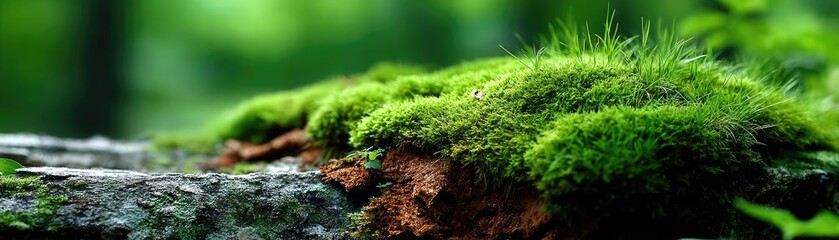 Poster - Green moss in forest with peaceful relax mood concept. Vibrant moss on a forest log in soft sunlight.