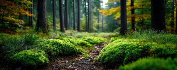 Poster - Green moss between grass and forest with relax mood concept. Lush forest path with vibrant green moss and tall trees.