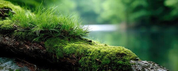 Poster - Green moss in forest with peaceful relax mood concept. Lush green moss on a tranquil riverbank.