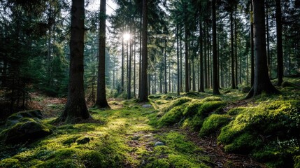Poster - Green moss under forest light with peaceful mood concept. Sunlight filters through trees in a serene forest landscape.
