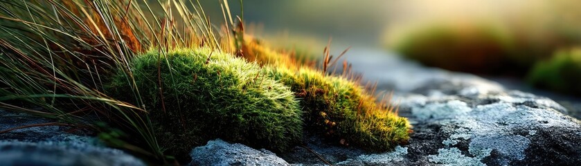 Poster - Green moss between grass and forest with relax mood concept. Lush green moss growing on a rocky surface in natural light.