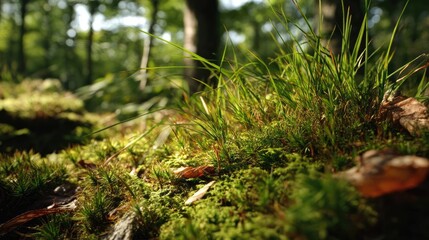 Poster - Green moss in forest with peaceful relax mood concept. Lush green moss and grass in serene forest.