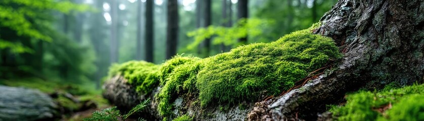 Poster - Green moss under forest light with peaceful mood concept. Moss-covered tree trunk in a tranquil forest setting.