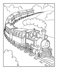 beautiful steam train coloring page for kids, black line art vector illustration on white background