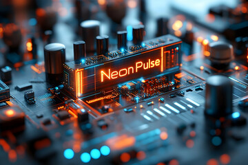 Poster - Neon glowing circuit board component