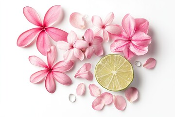 Leinwandbilder - Fresh pink flowers and lime slice on white background Delicate petals and vibrant lime