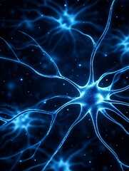 Poster - abstract blue neural network pathways - microscopic view of interconnected neurons, signifying commu