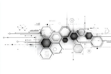 Poster - abstract hexagon technology engraving sketch - networked hexagons symbolize connectivity, data flow,