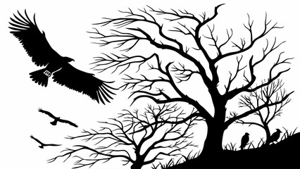 black and white silhouette eagle and crows flying over bare trees and perched birds nature art