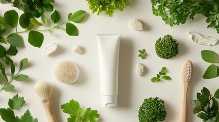 Aufkleber - Earthy tones meet soft textures in this relaxing flat lay of cream, green leaves, and a skincare brush