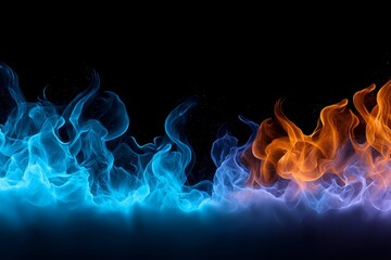 Poster - Blue and Orange Abstract Flames - Symbolizing energy, duality, contrast, passion, and intensity. A vibrant display of blue and orange flames against a black background