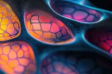 Poster - Abstract image showcasing vibrant, bioluminescent, cellular structures with flowing, interconnected patterns.