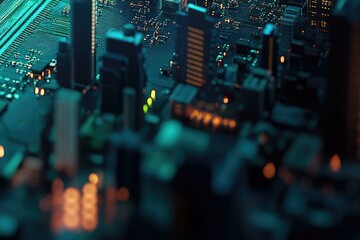 Poster - A miniature cyberpunk city built on a circuit board, glowing with neon lights at night.