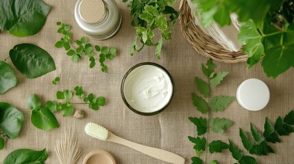 Aufkleber - Earthy tones meet soft textures in this relaxing flat lay of cream, green leaves, and a skincare brush