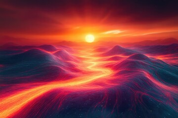 Aufkleber - A fiery river of lava flows through a surreal landscape at sunset, creating a dramatic and vibrant scene.