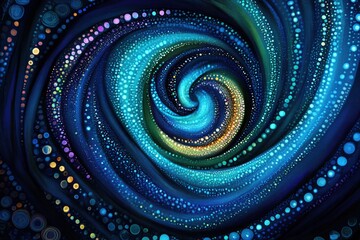 Poster - Abstract swirling vortex of luminous blue, teal, and gold dots, creating a mesmerizing cosmic effect.