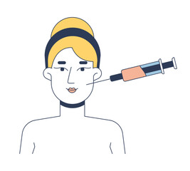 Poster - Blonde woman facial cosmetic injection 2D illustration concept. Dermal filler. Caucasian white female skin procedure aesthetic cartoon character isolated on white. Flat abstract vector metaphor