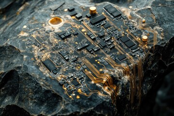 Leinwandbilder - A circuit board embedded in a dark, textured rock, showcasing a blend of technology and nature.