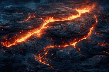 Aufkleber - Molten lava flows across a dark, rough volcanic landscape, creating a fiery, dramatic scene.