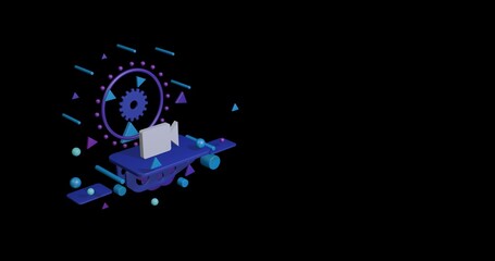 Poster - White video camera symbol on a pedestal of abstract geometric shapes floating in the air. Abstract concept art with flying shapes on the left. 3d illustration on black background