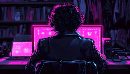 Poster - Person working with laptops in neon pink light