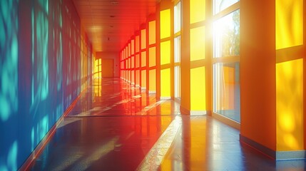 Poster - Sunlit corridor with vibrant reflections and multicolored light patterns design