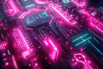 Poster - Futuristic cyberpunk circuit board with vibrant pink and teal neon lights, showcasing intricate technology.