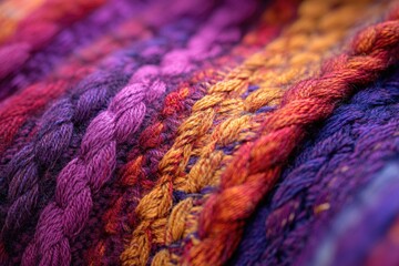 Aufkleber - Close-up of vibrant, multicolored knitted fabric with intricate texture and rich color variations.